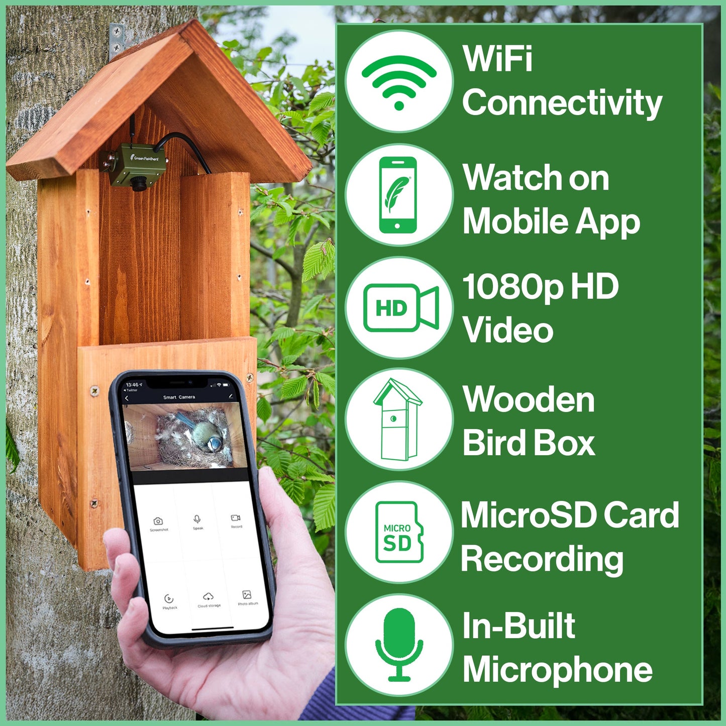 Green Feathers WiFi Bird Box HD Camera Starter Pack