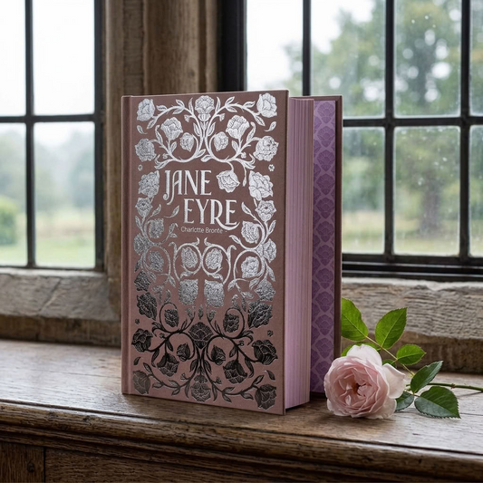 Jane Eyre by Charlotte Brontë Wordsworth Luxe hardback beside a country-house window with a pale rose