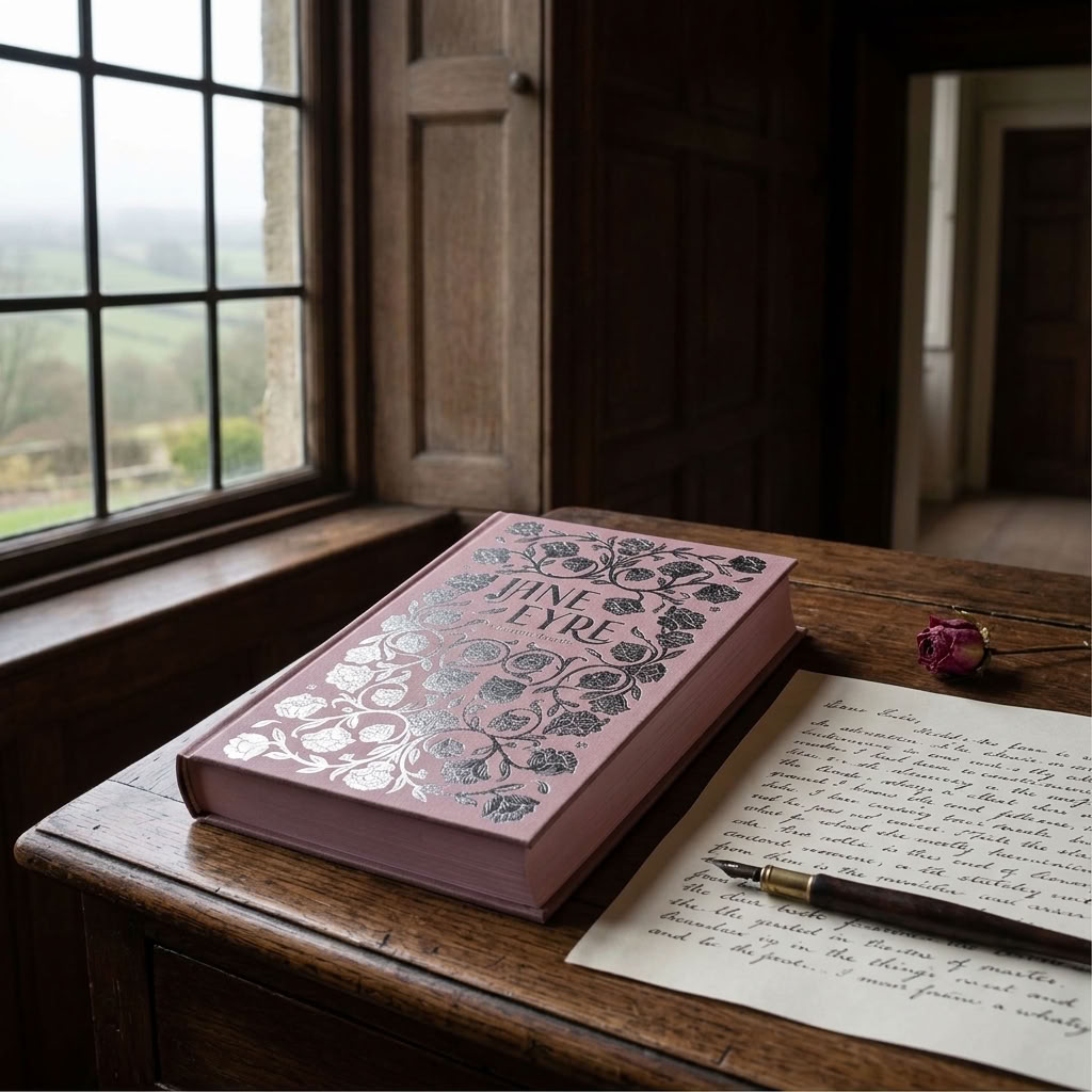 Jane Eyre by Charlotte Brontë Wordsworth Luxe hardback on an old writing desk with handwritten pages and a dried rose
