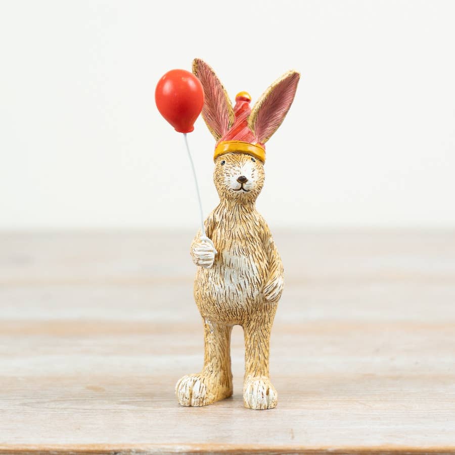 Jasper Rabbit 14cm ornament standing with a bright red balloon