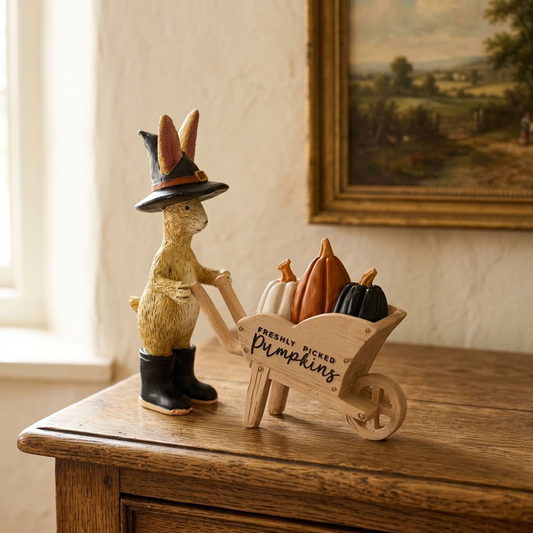 Jasper Rabbit Pumpkin Patch Figure with wooden pumpkin wheelbarrow displayed on an antique dresser in an English country home
