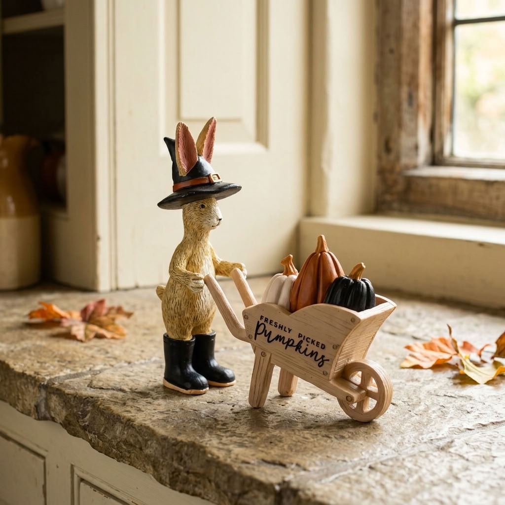 Jasper Rabbit Pumpkin Patch Figure with three pumpkins in a wooden wheelbarrow on a traditional country cottage kitchen worktop