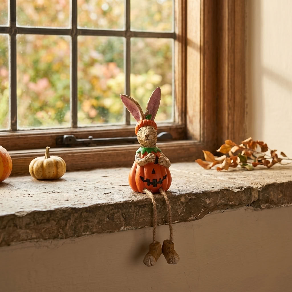 Jasper Rabbit Pumpkin Shelf Sitter sitting on an aged stone cottage windowsill with colourful autumn foliage outside