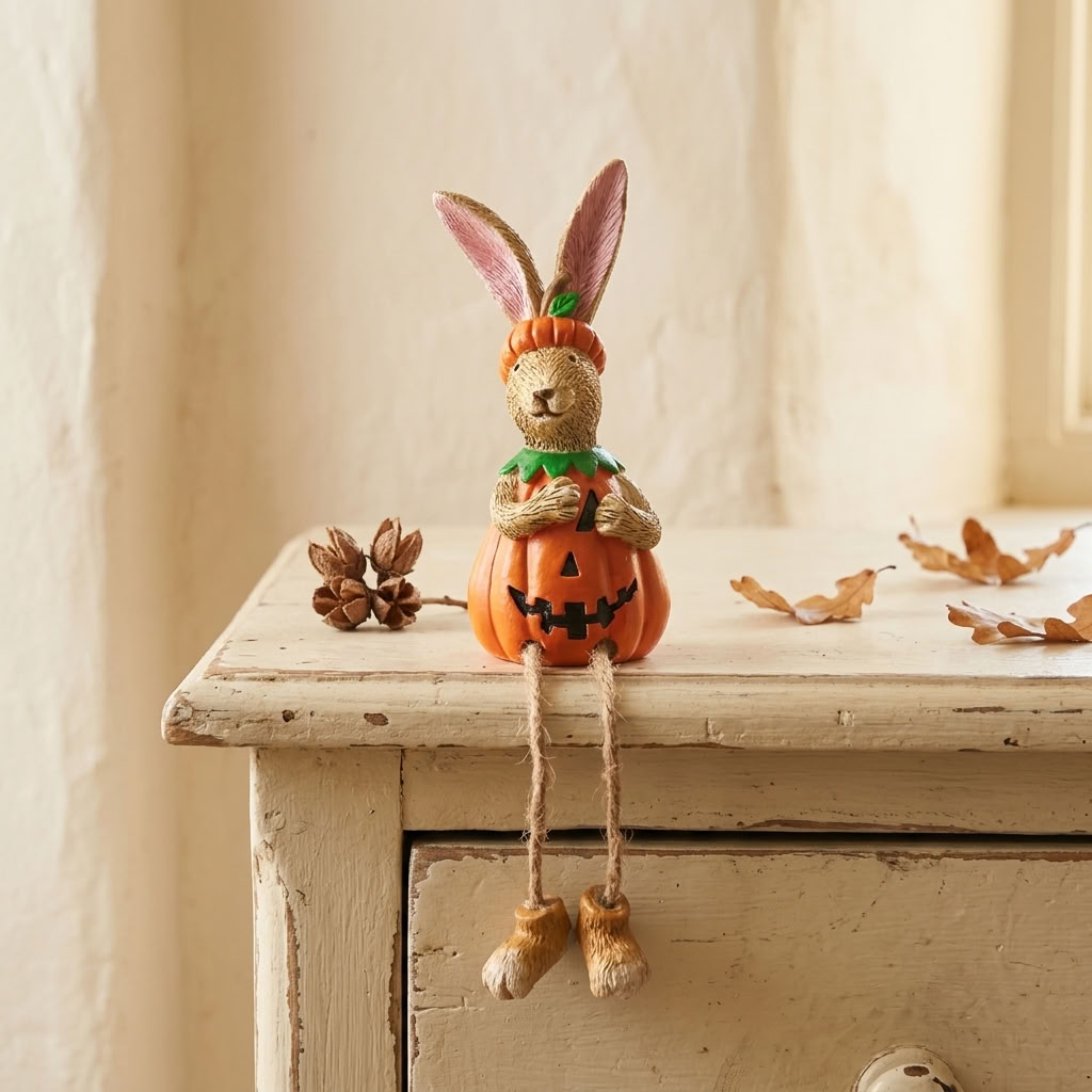 Jasper Rabbit Pumpkin Shelf Sitter perched on a traditional painted country dresser with his string legs dangling over the edge