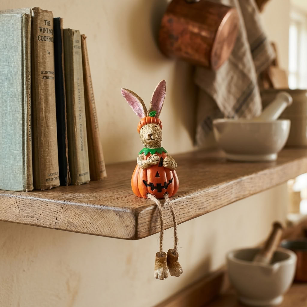 Jasper Rabbit Pumpkin Shelf Sitter displayed beside vintage books on a rustic wooden shelf in a country cottage