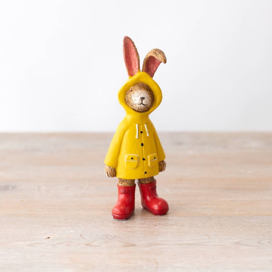 Jasper Rabbit decorative ornament wearing a yellow raincoat and red wellies