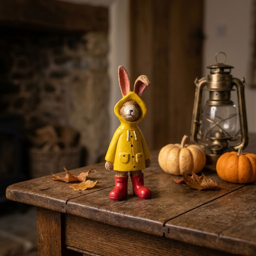 Jasper Rabbit ornament in yellow raincoat and red wellies styled in a cosy autumn country home