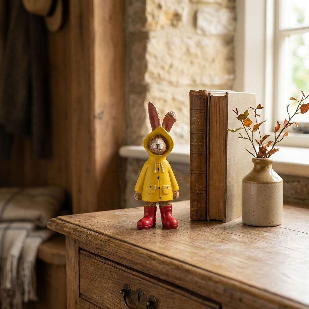 Jasper Rabbit raincoat ornament displayed on a traditional wooden console in a country home