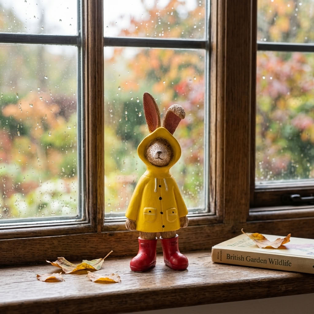 Jasper Rabbit ornament in yellow raincoat and red wellies styled beside a country house window