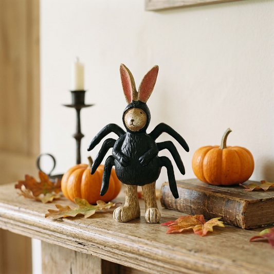 Jasper Rabbit Spider Ornament styled with small pumpkins and autumn decorations in a traditional country interior