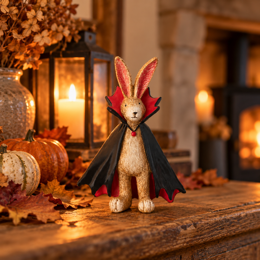 Jasper Rabbit Vampire Figurine with pumpkins, autumn leaves and warm lantern light in a country home Halloween display