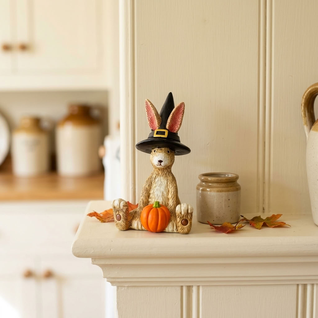 Jasper Rabbit Witch Ornament styled with vintage books on an aged wooden dresser in a warm country home