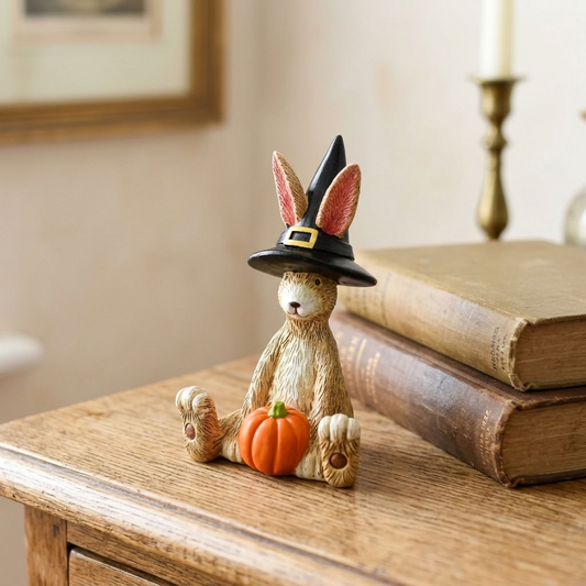 Jasper Rabbit Witch Ornament displayed with subtle autumn decorations on a traditional country house mantel