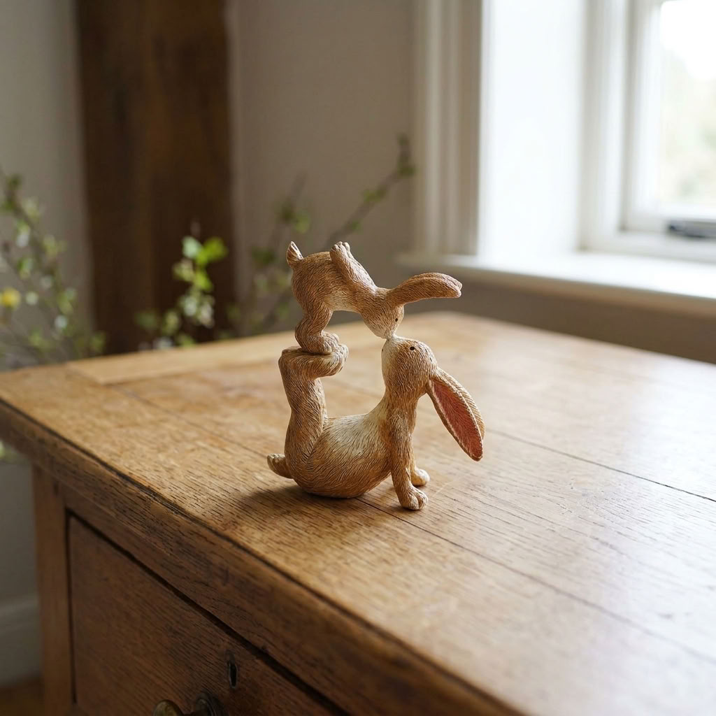 Resin adult rabbit and baby bunny ornament displayed in a country interior