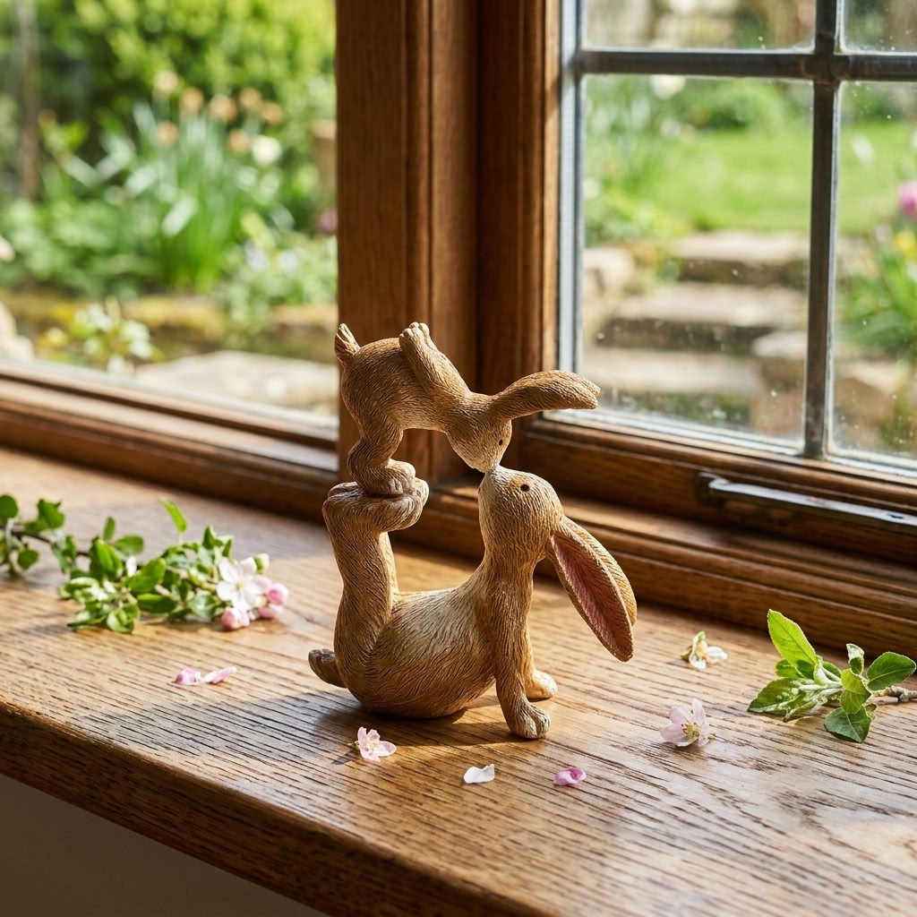 Kissing Bunnies resin ornament displayed on a country house windowsill