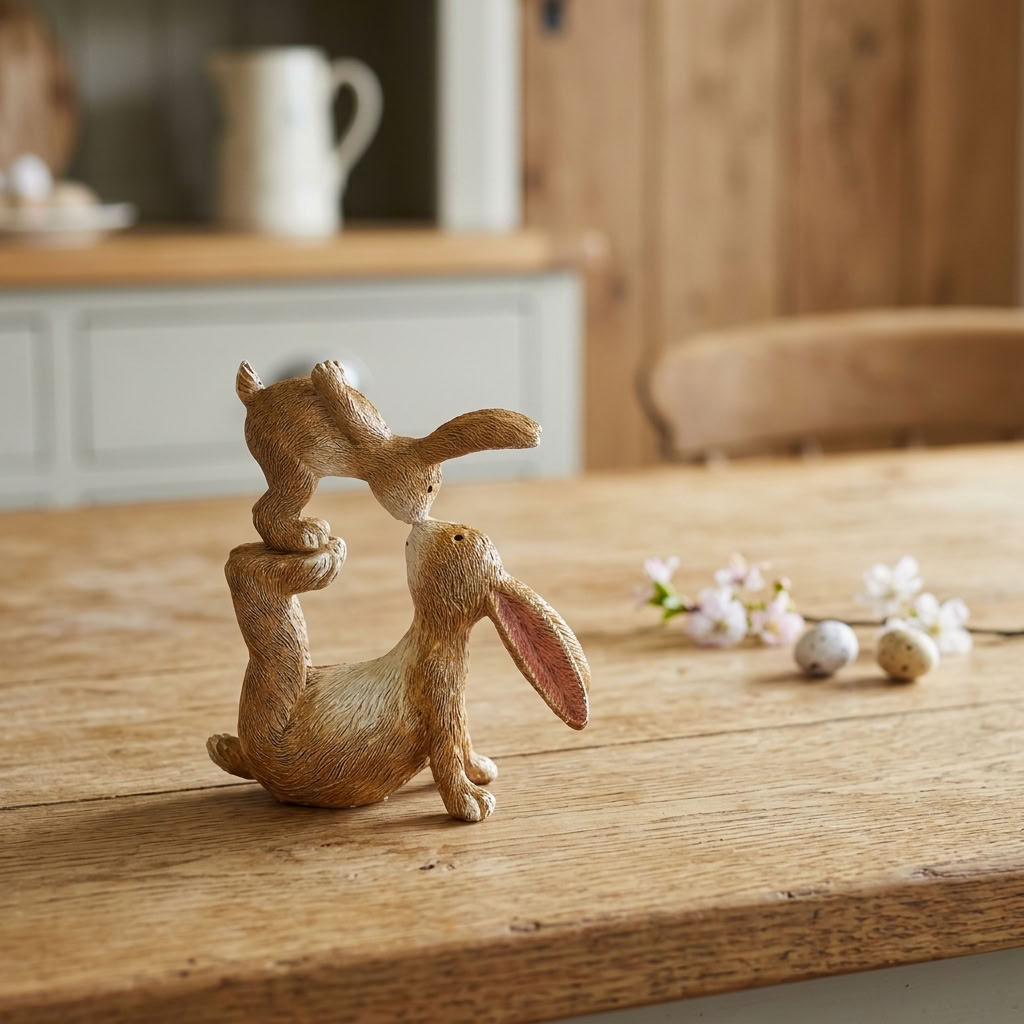 Kissing Bunnies ornament styled in a warm spring country home display