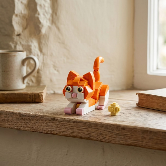 Build Your Own Kitten Model Brick Kit displayed on a rustic wooden shelf in a softly lit country cottage. Copy