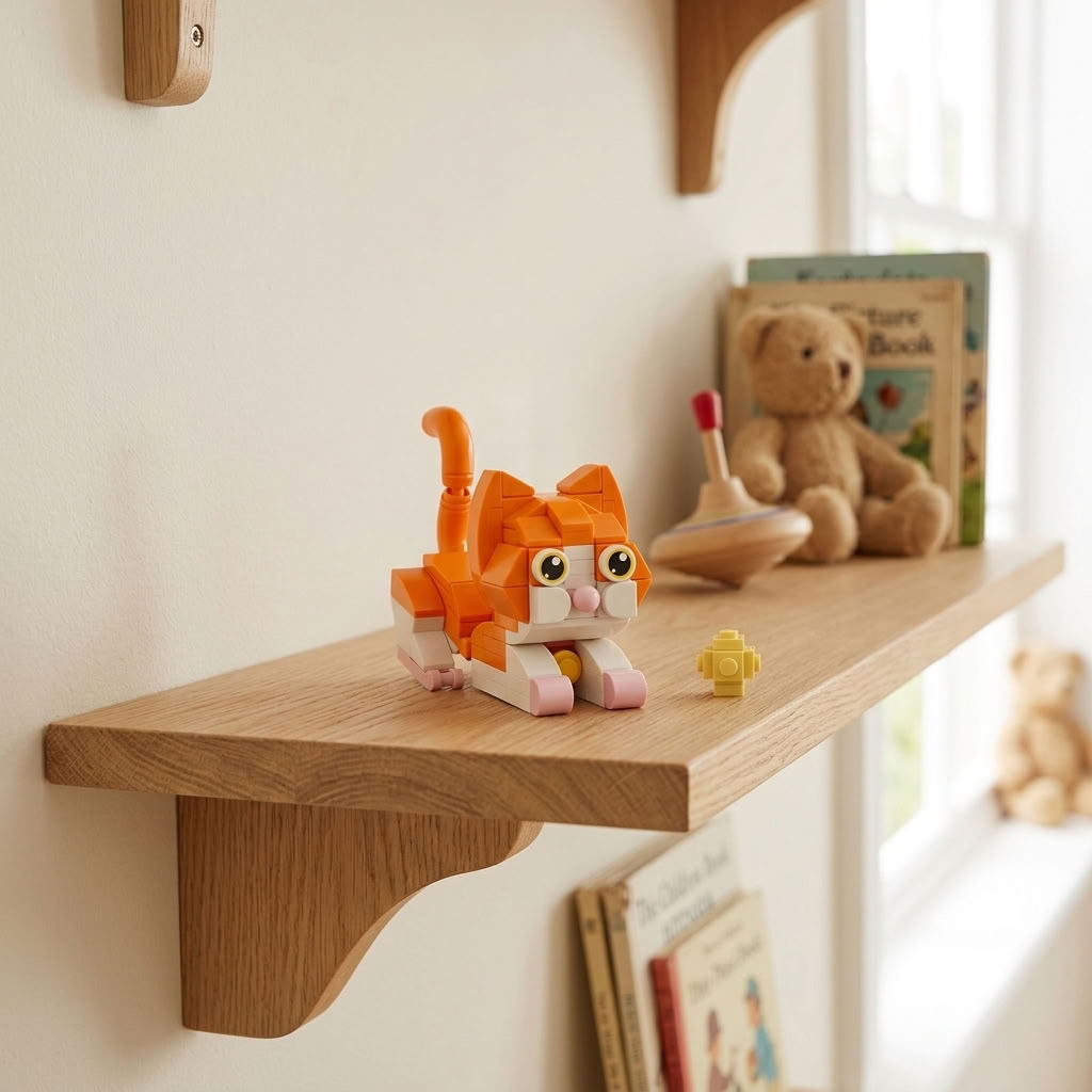 Build Your Own Kitten Model Brick Kit displayed on a wooden playroom shelf with traditional toys in the background. Copy