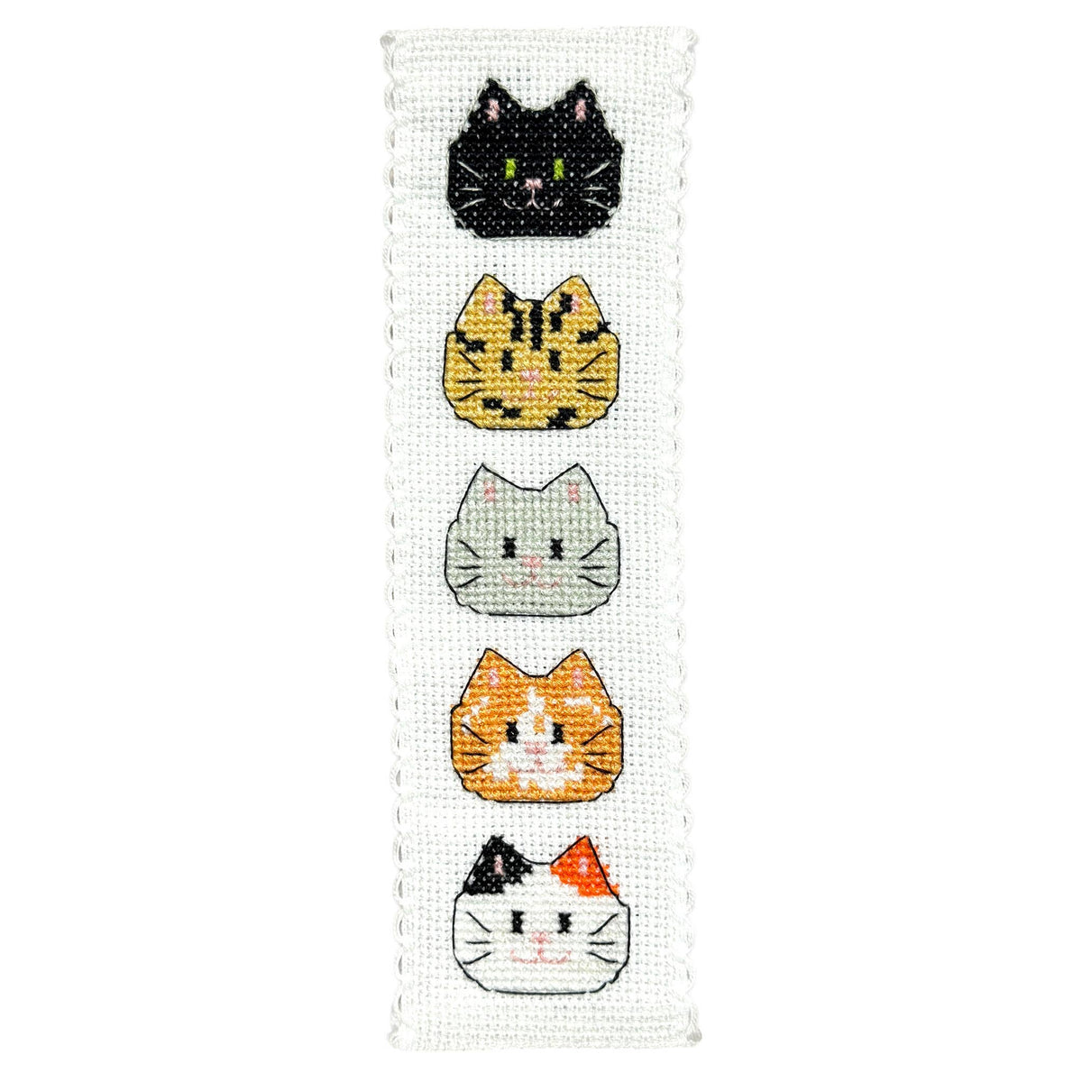 Kitty Cats Cross Stitch Bookmark Kit finished design featuring five colourful embroidered cat faces