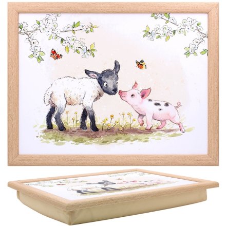 Lamb and piglet cushioned lap tray with floral farmyard illustration and wooden-effect frame