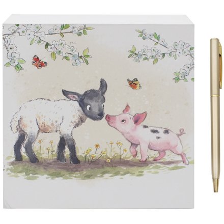 Lamb and piglet memo pad with floral and butterfly illustration