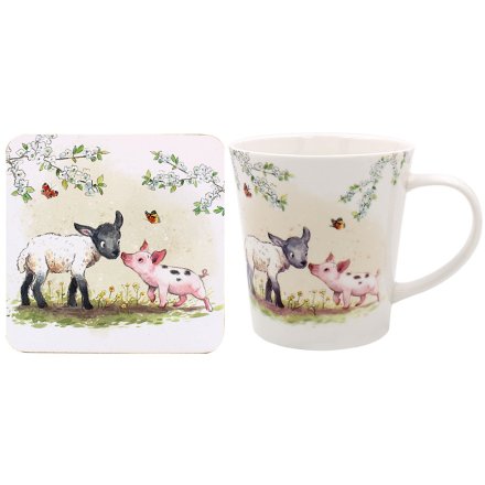 Lamb and piglet ceramic mug with matching floral farm animal coaster