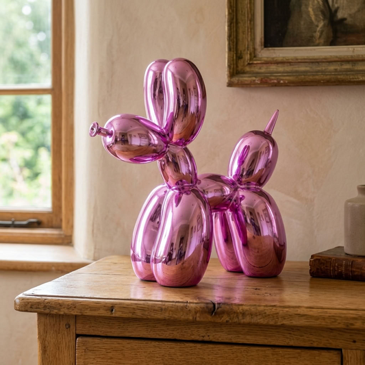 Large electro pink balloon dog figure displayed on a warm rustic oak chest in a characterful interior.