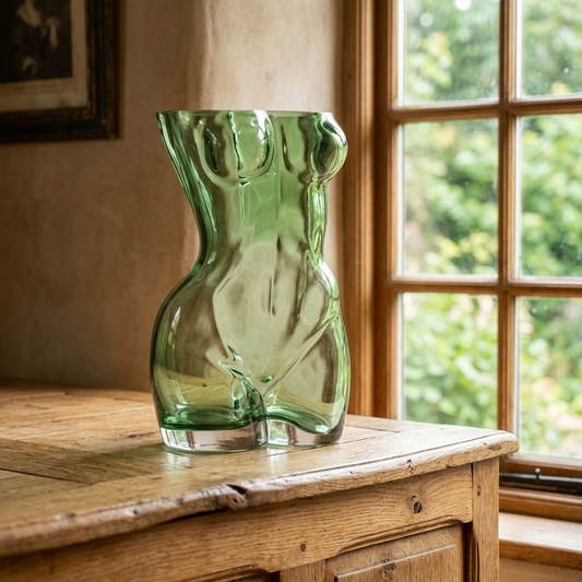 Large green female form glass vase displayed empty on a rustic oak chest beside a traditional window.