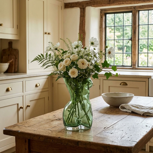 Large green female form glass vase filled with soft flowers on a rustic oak table in a characterful country kitchen.