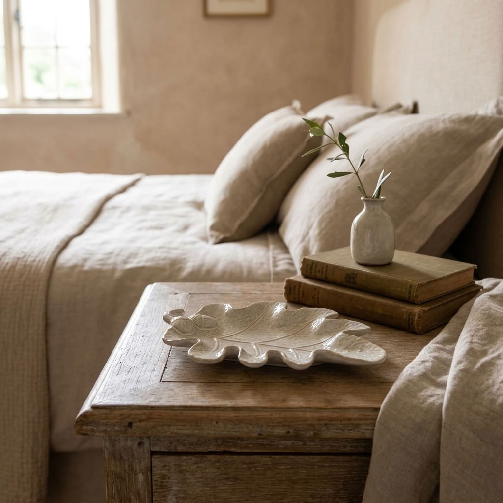 Leaf Design Trinket Plate styled with vintage books on a wooden bedside table in a warm English country bedroom