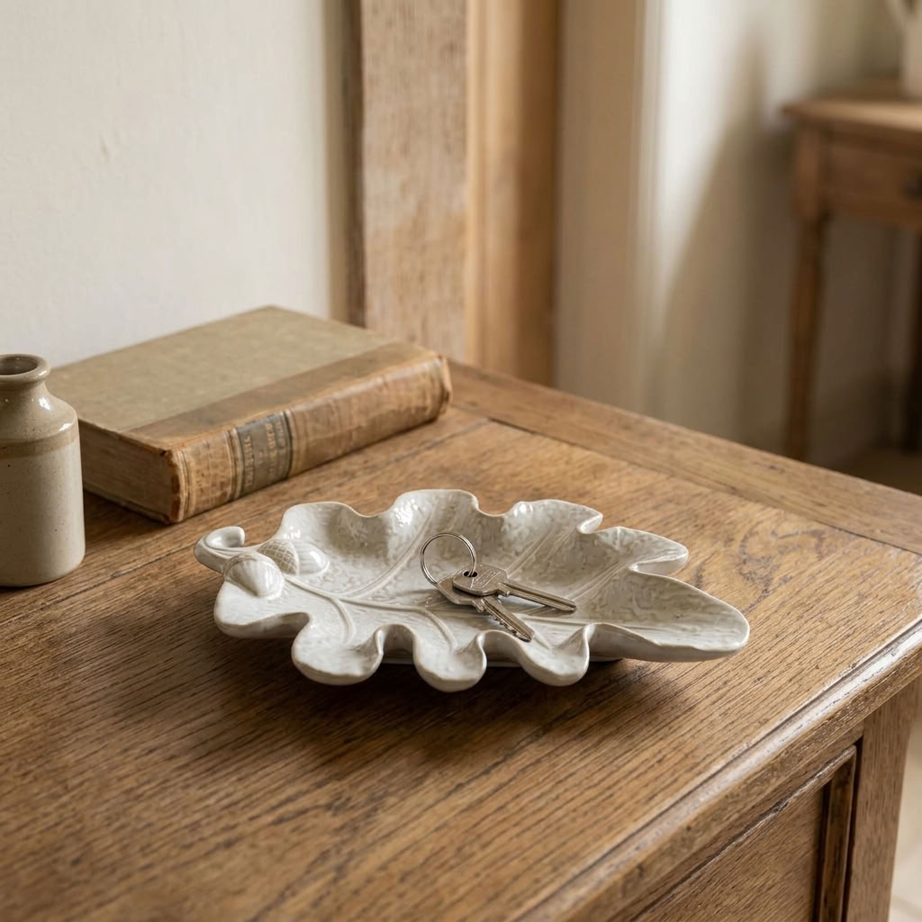 Leaf Design Trinket Plate displayed with small keepsakes on an aged wooden console table in an English country home