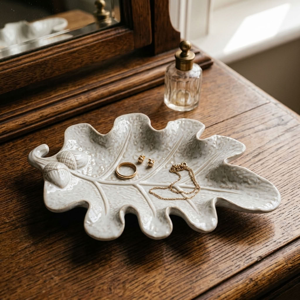 Leaf Design Trinket Plate with jewellery displayed on an aged oak dressing table in an English country bedroom