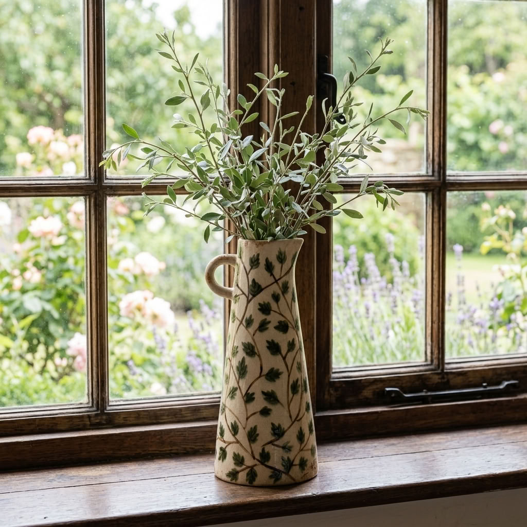 Leaf Jug Vase with fresh leafy branches styled on a wooden cottage window ledge overlooking an English garden