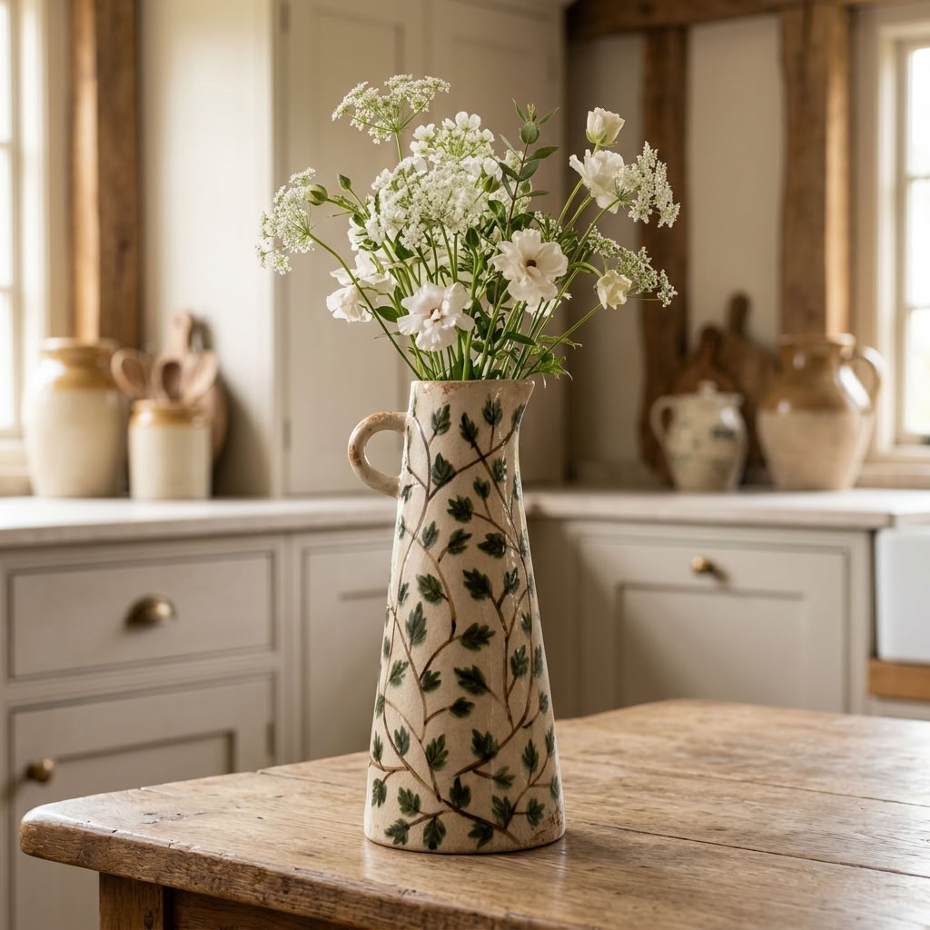 Leaf Jug Vase with soft white flowers styled on an aged oak table in an English country kitchen