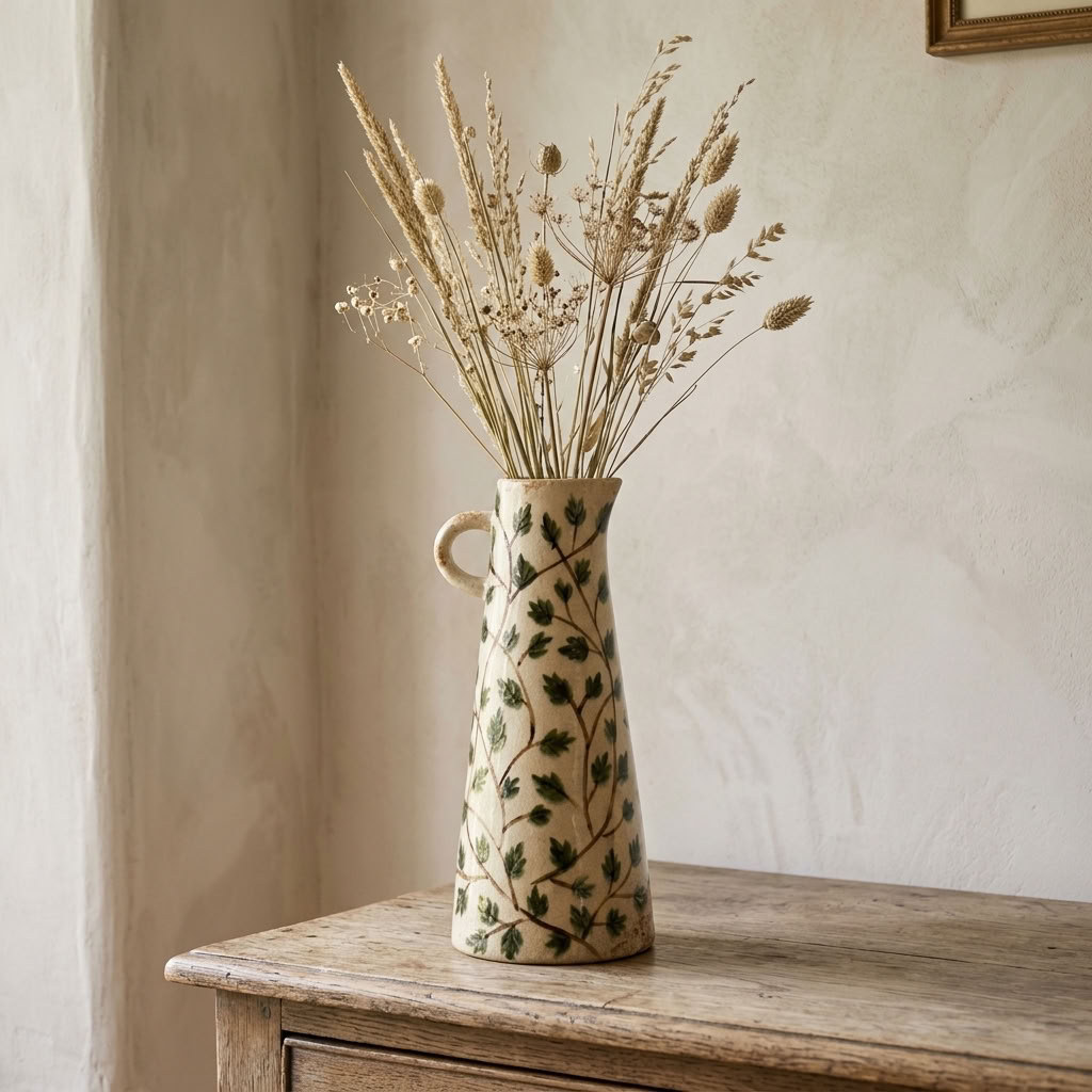 Leaf Jug Vase filled with dried grasses and seed heads on an antique oak dresser in a country home
