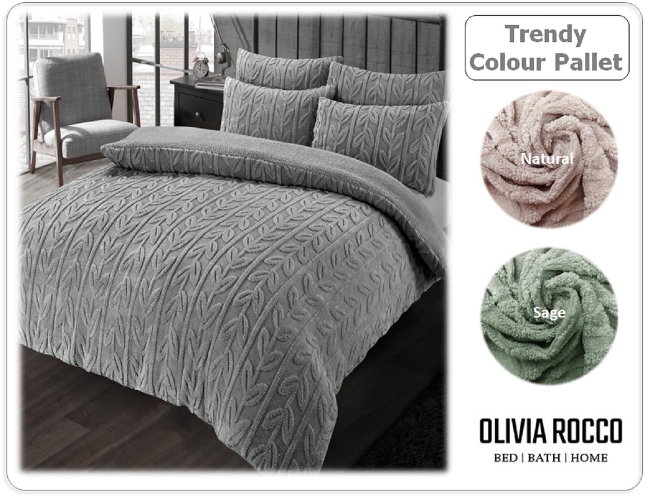 Leaf Print Teddy Fleece Duvet Set with Reversible Sherpa Fleece Ultra-Soft Winter Bedding by OLIVIA ROCCO