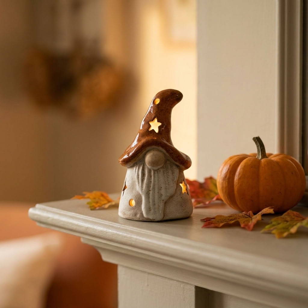 LED Burnt Orange Gonk glowing beside a small pumpkin in a cosy autumn country interior