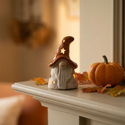 LED Burnt Orange Gonk glowing beside a small pumpkin in a cosy autumn country interior