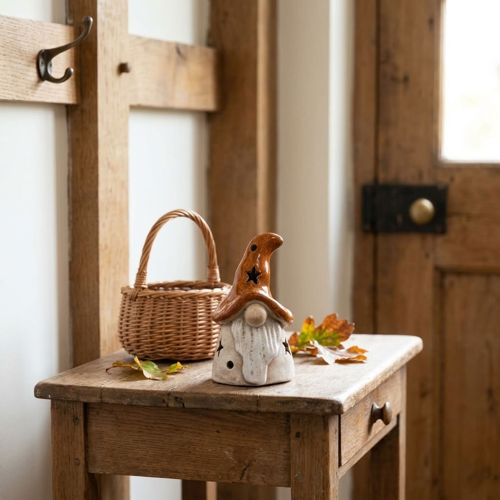 LED Burnt Orange Gonk styled with a wicker basket and autumn leaves in a traditional country boot room