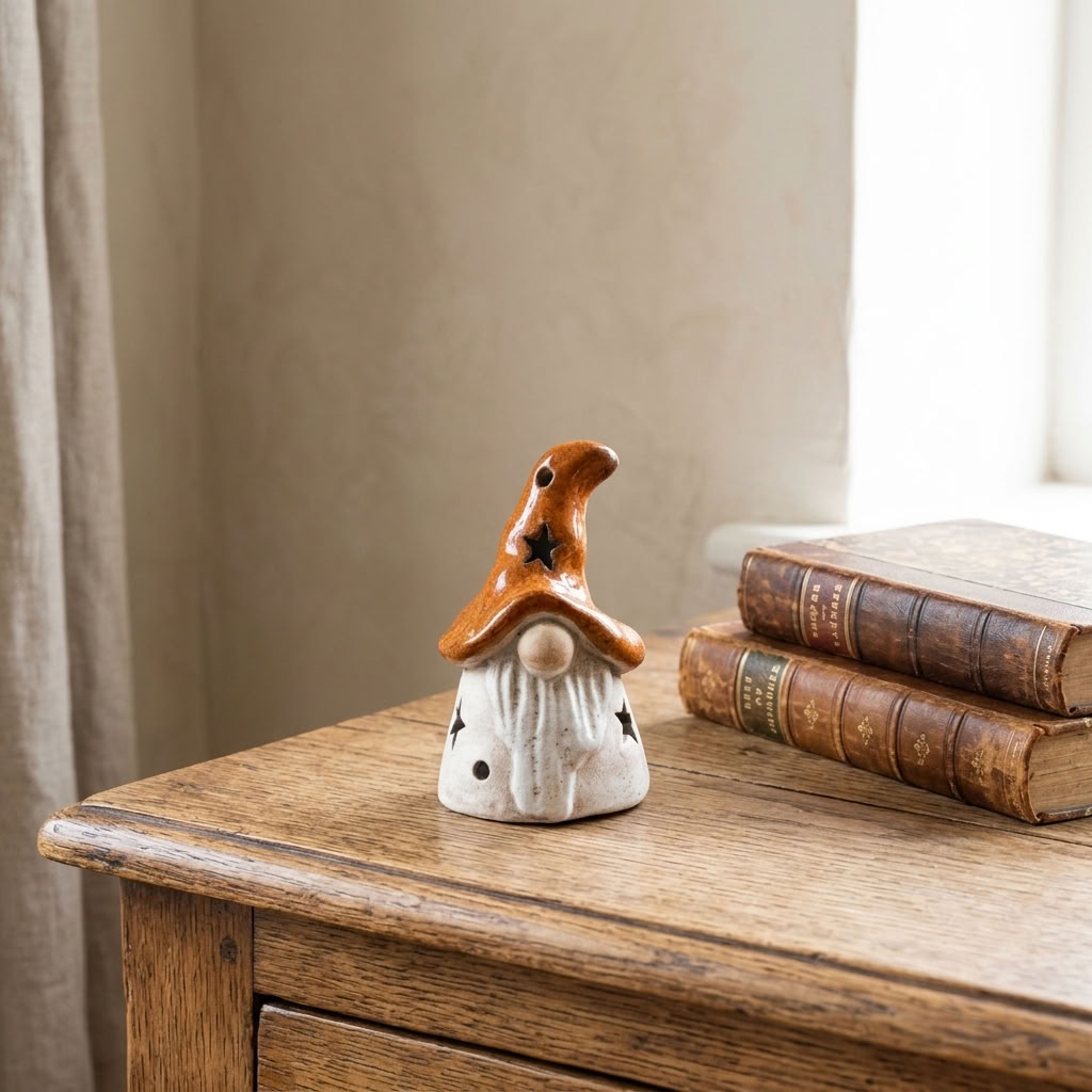LED Burnt Orange Gonk displayed beside vintage books on an aged wooden table in a country home