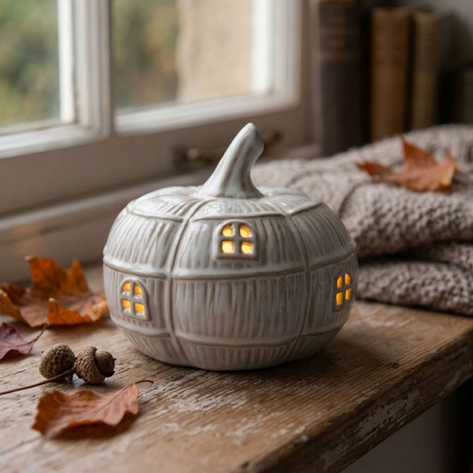 LED Pumpkin House glowing warmly on a cottage windowsill with natural autumn leaves