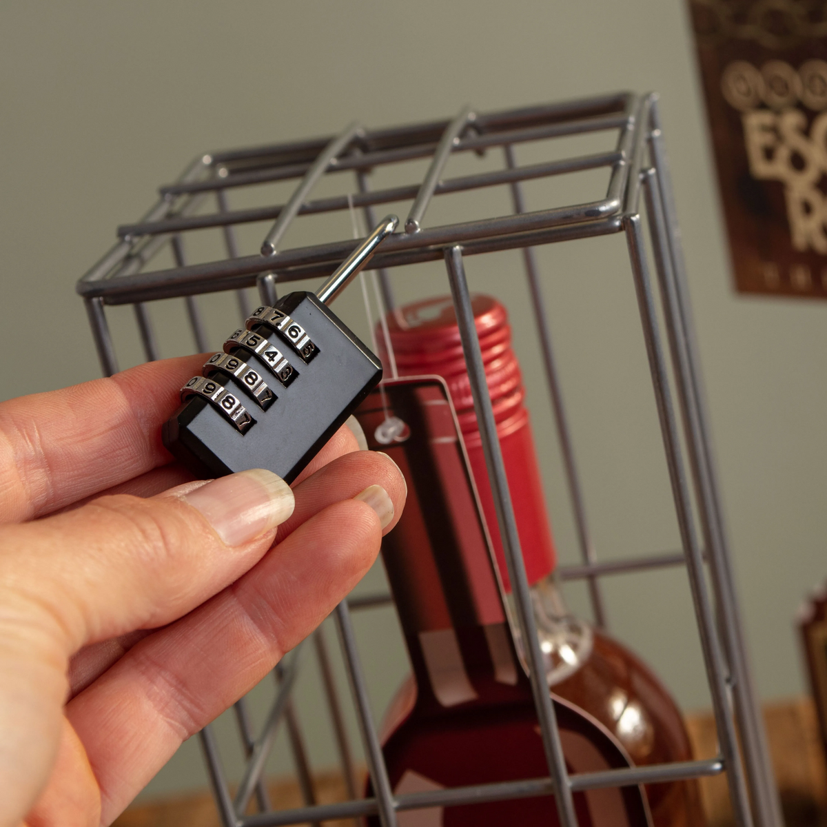 Legend of Lochkeye Wine Escape Room Game showing the four-digit combination padlock used to secure the wine cage.
