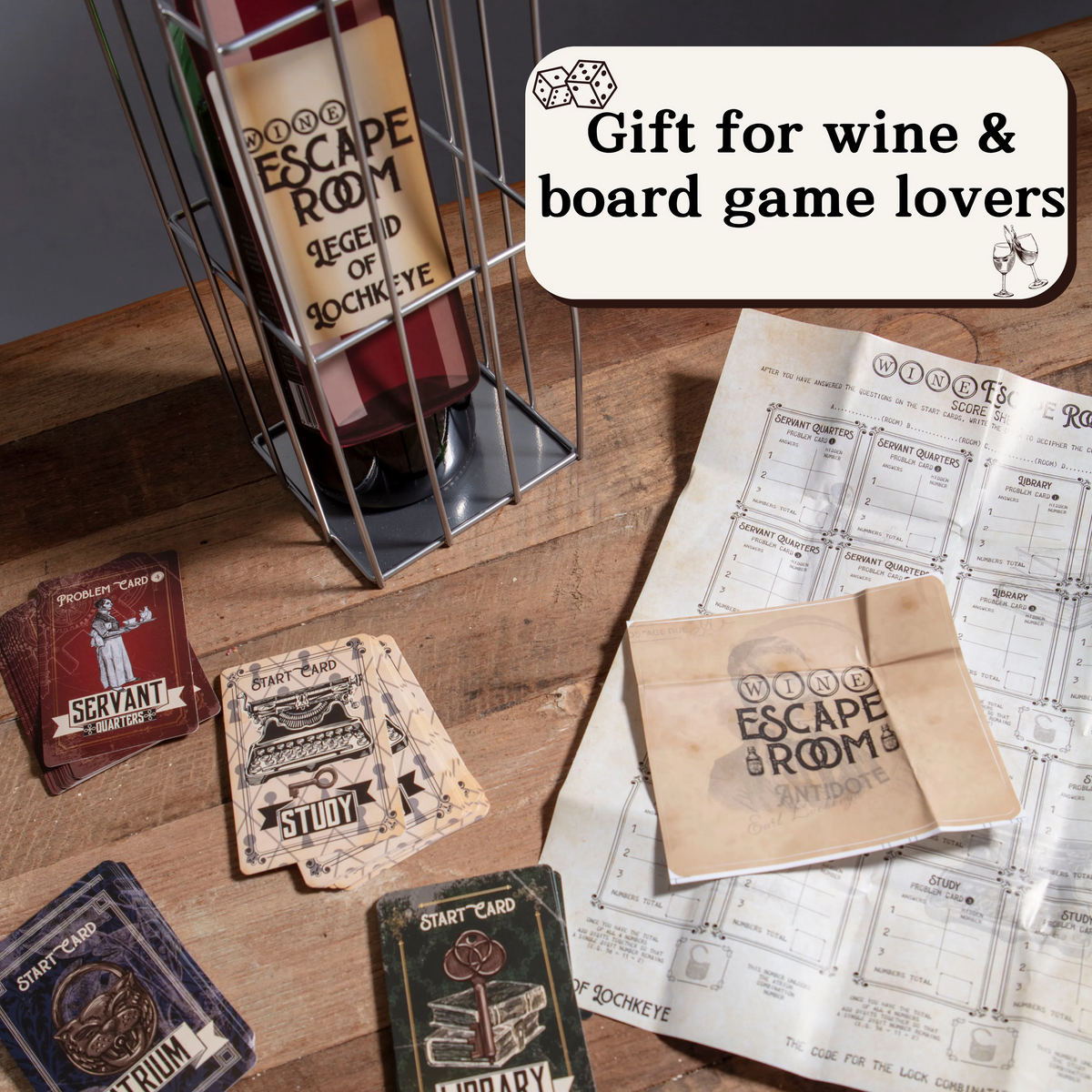 Legend of Lochkeye Wine Escape Room Game showing a selection of clue cards used to solve the mystery.