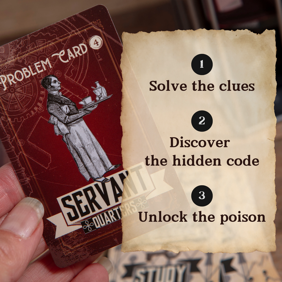 Legend of Lochkeye Wine Escape Room Game showing illustrated mystery cards introducing the inheritance storyline.