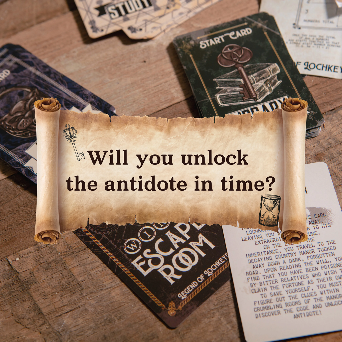 Legend of Lochkeye Wine Escape Room Game with themed puzzle cards and riddles arranged on a wooden surface.