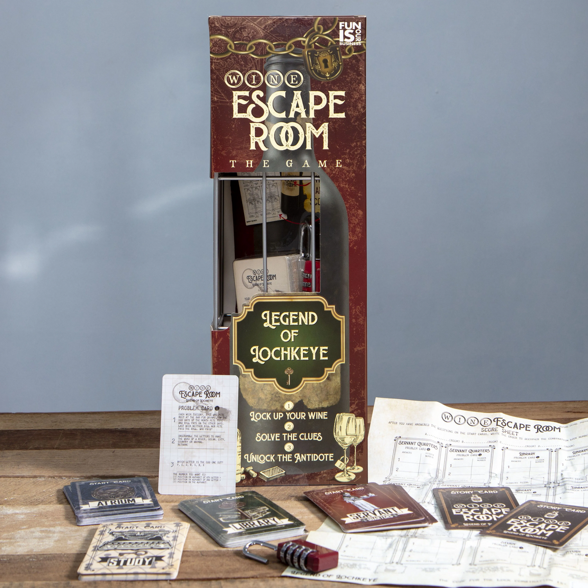 Legend of Lochkeye Wine Escape Room Game with metal wine cage, combination padlock, mystery cards and score sheet displayed alongside the packaging.