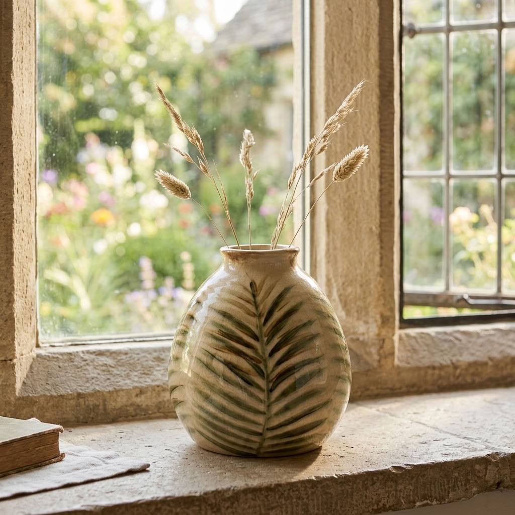 Letty Vase, 18cm, with delicate dried stems on a rustic cottage windowsill overlooking a country garden
