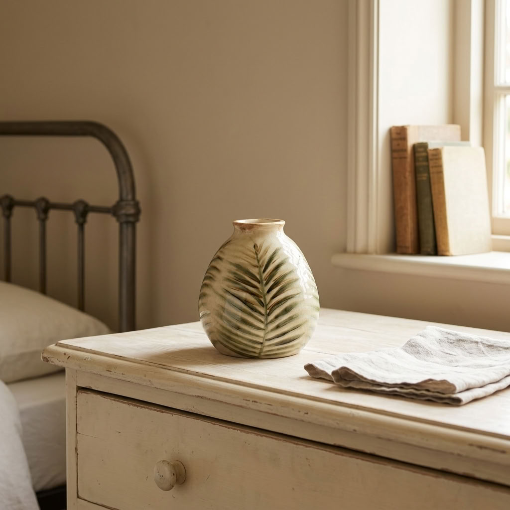 Letty Vase, 18cm, displayed on a painted wooden chest of drawers in a softly lit English country bedroom