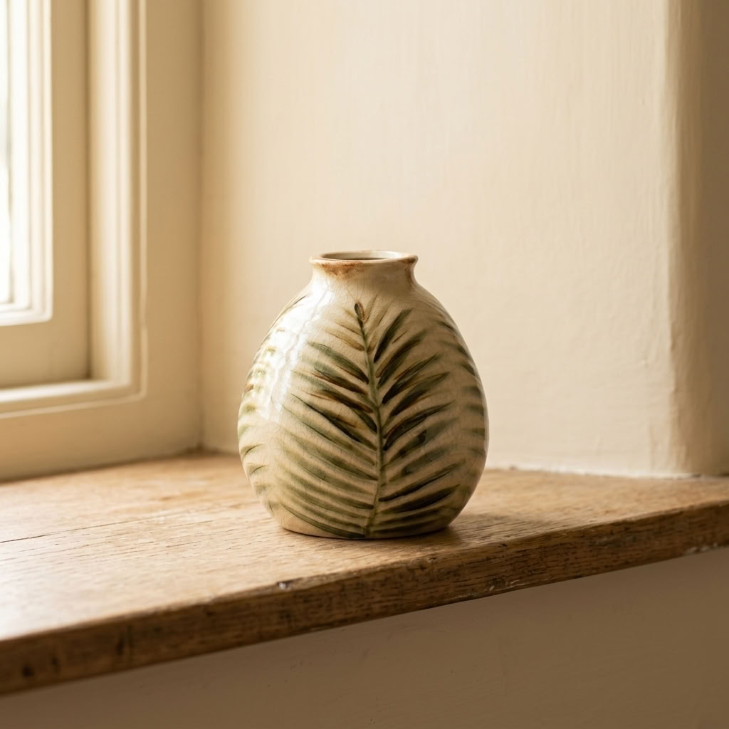 Letty Vase, 18cm, displayed empty on a wooden windowsill in a traditional English country cottage