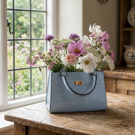 Light blue ceramic handbag vase filled with soft pink and white flowers beside a traditional window overlooking the garden.